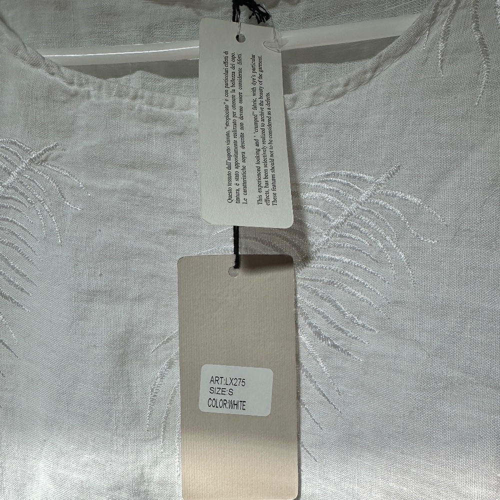 Lungo L'Arno Linen Blouse Short Sleeve Tropical Palm Embroidery Side Buttons - Picture 7 of 17